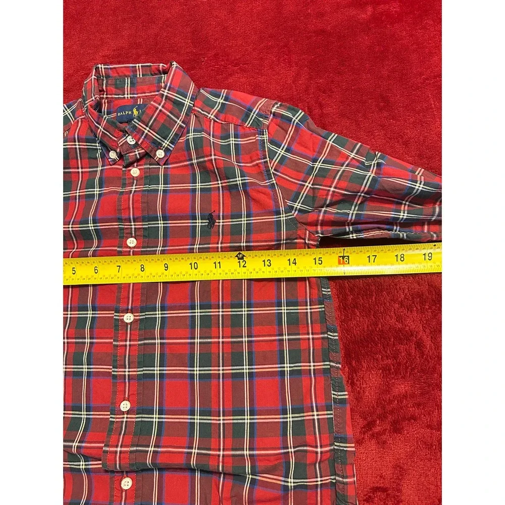 Ralph Lauren Boys Red Plaid Button Down Shirt Size 7 Long Sleeve Cotton Pony
